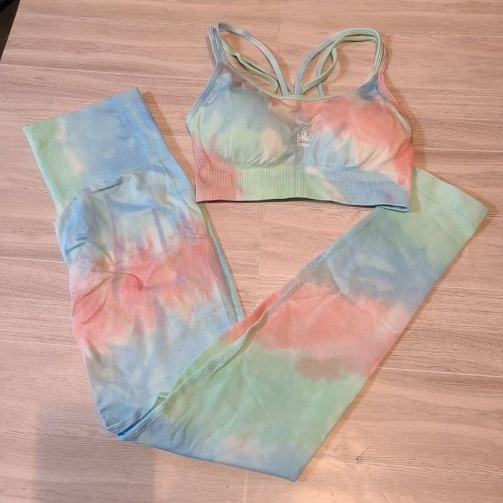 Royal Athletics Tie Dye Workout Set Womens S Sports Bra Tank M Leggings Athletic